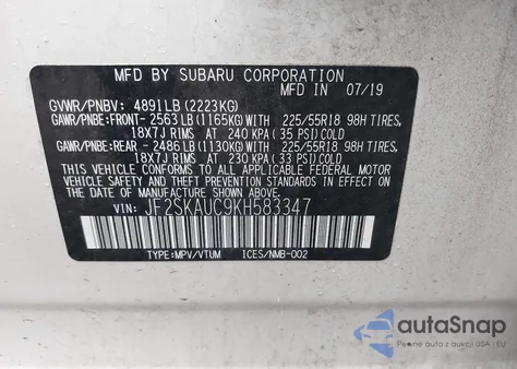 2019 Subaru Forester Limited from USA, damaged, VIN JF2SKAUC9KH583347